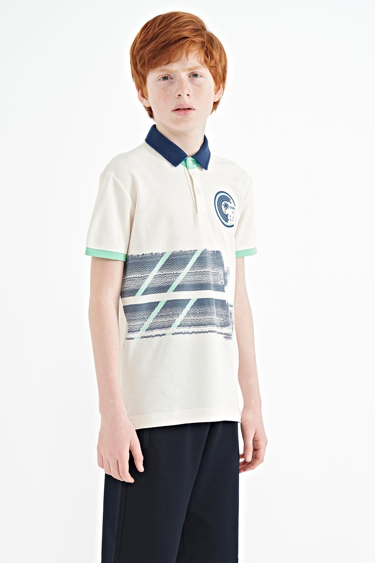 Ecru Print Detailed Polo Collar Standard Fit Boys' T-Shirt - 11094