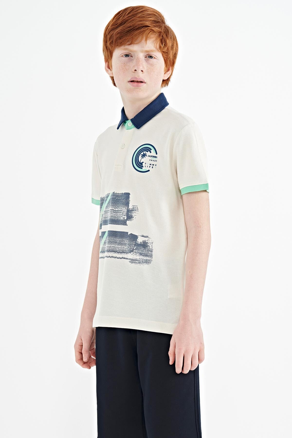 Ecru Print Detailed Polo Collar Standard Fit Boys' T-Shirt - 11094