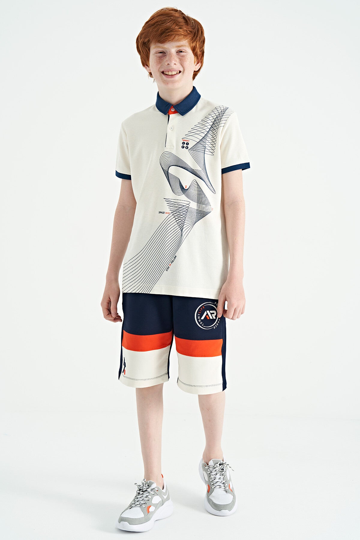 Ecru Print Detailed Standard Mold Polo Collar Boys' T-Shirt - 11164