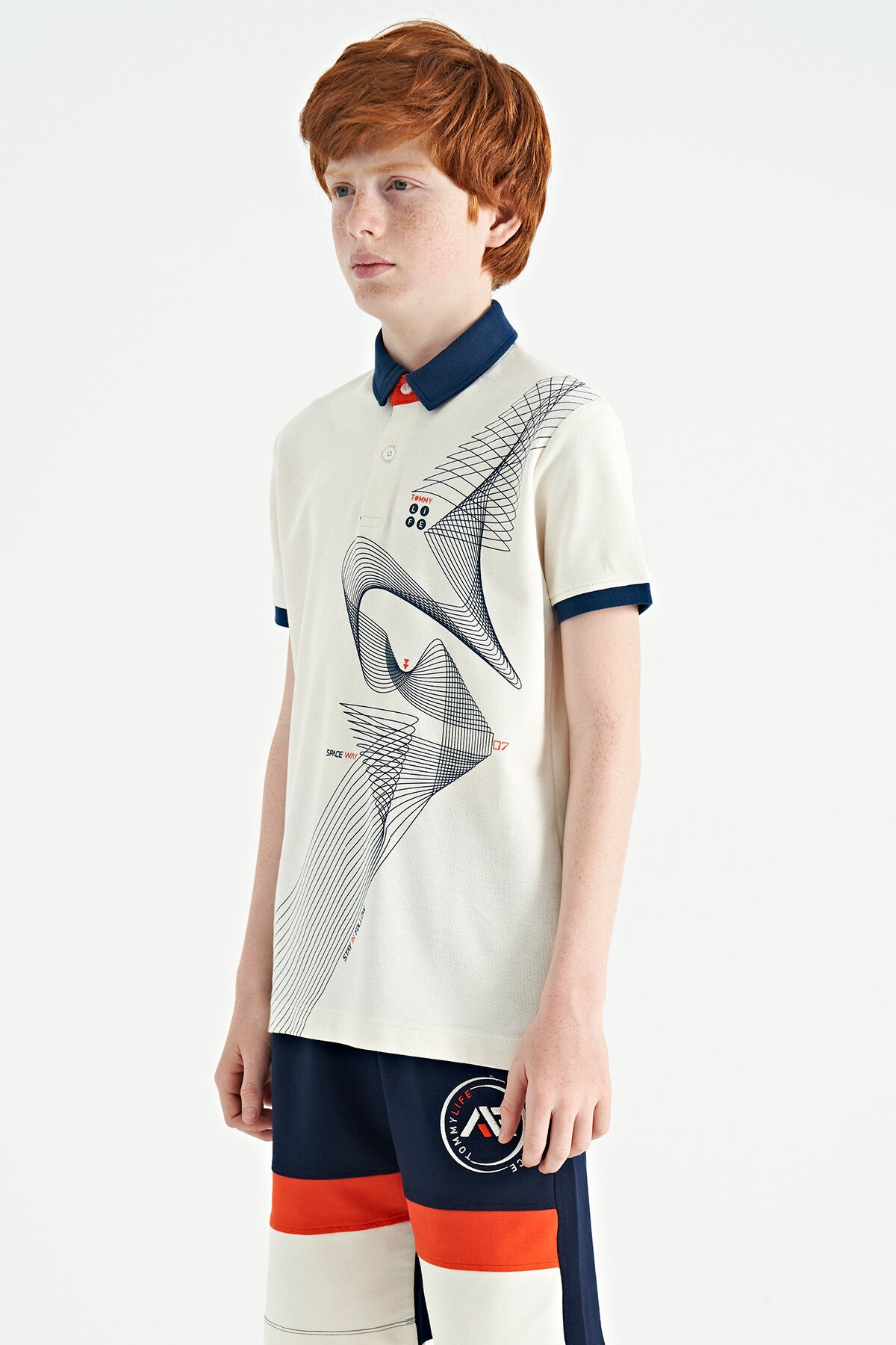 Ecru Print Detailed Standard Mold Polo Collar Boys' T-Shirt - 11164