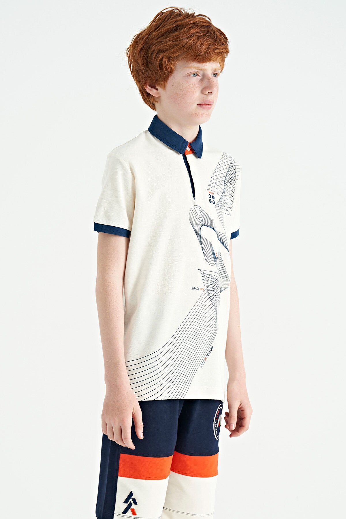 Ecru Print Detailed Standard Mold Polo Collar Boys' T-Shirt - 11164