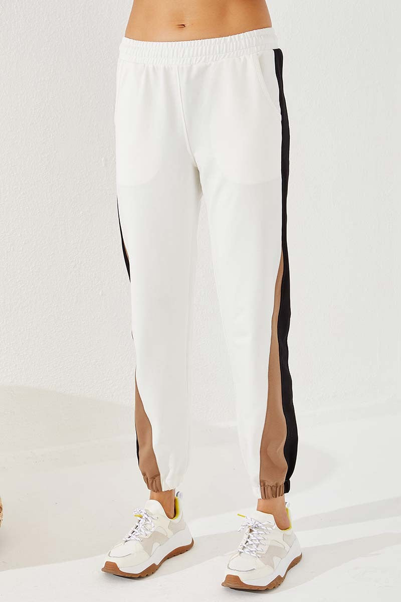 Ecru Two-Tone Striped Comfort Fit Elastic Cuff Women's Tracksuit Bottom - 94582