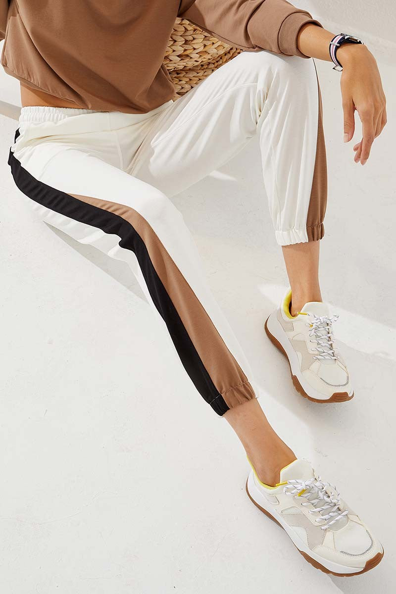 Ecru Two-Tone Striped Comfort Fit Elastic Cuff Women's Tracksuit Bottom - 94582