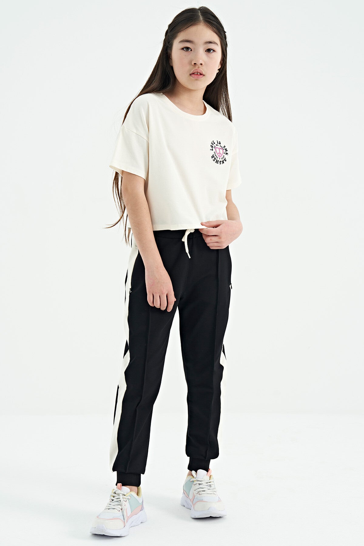 Ecru Front Back Print O Collar Low Shoulder Oversize Short Sleeve Girl's T-Shirt - 75126