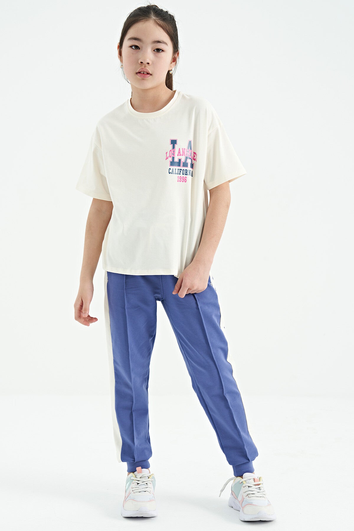 Ecru Front Back Print O Collar Oversize Short Sleeve Girls' T-Shirt - 75127