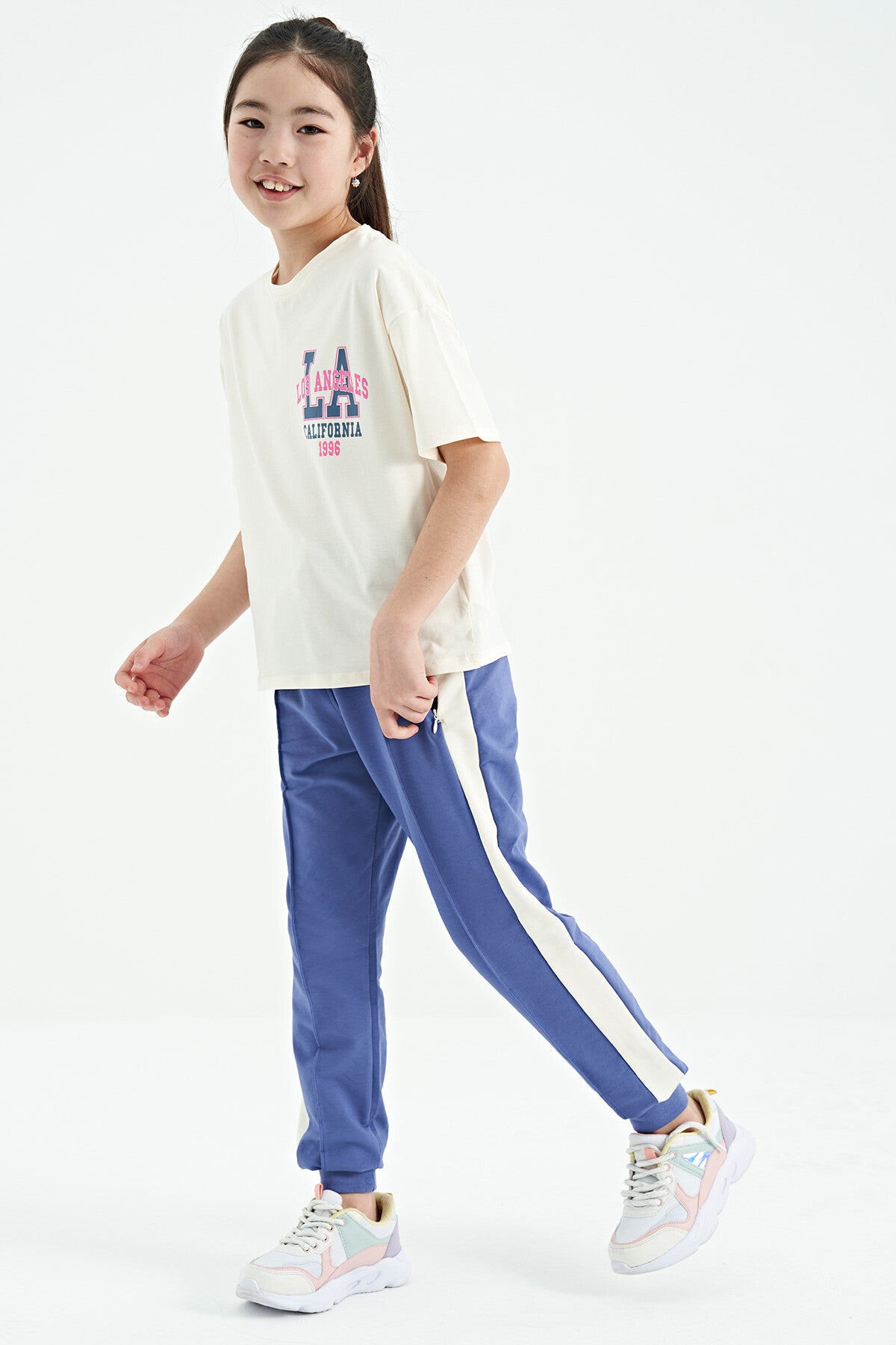 Ecru Front Back Print O Collar Oversize Short Sleeve Girls' T-Shirt - 75127
