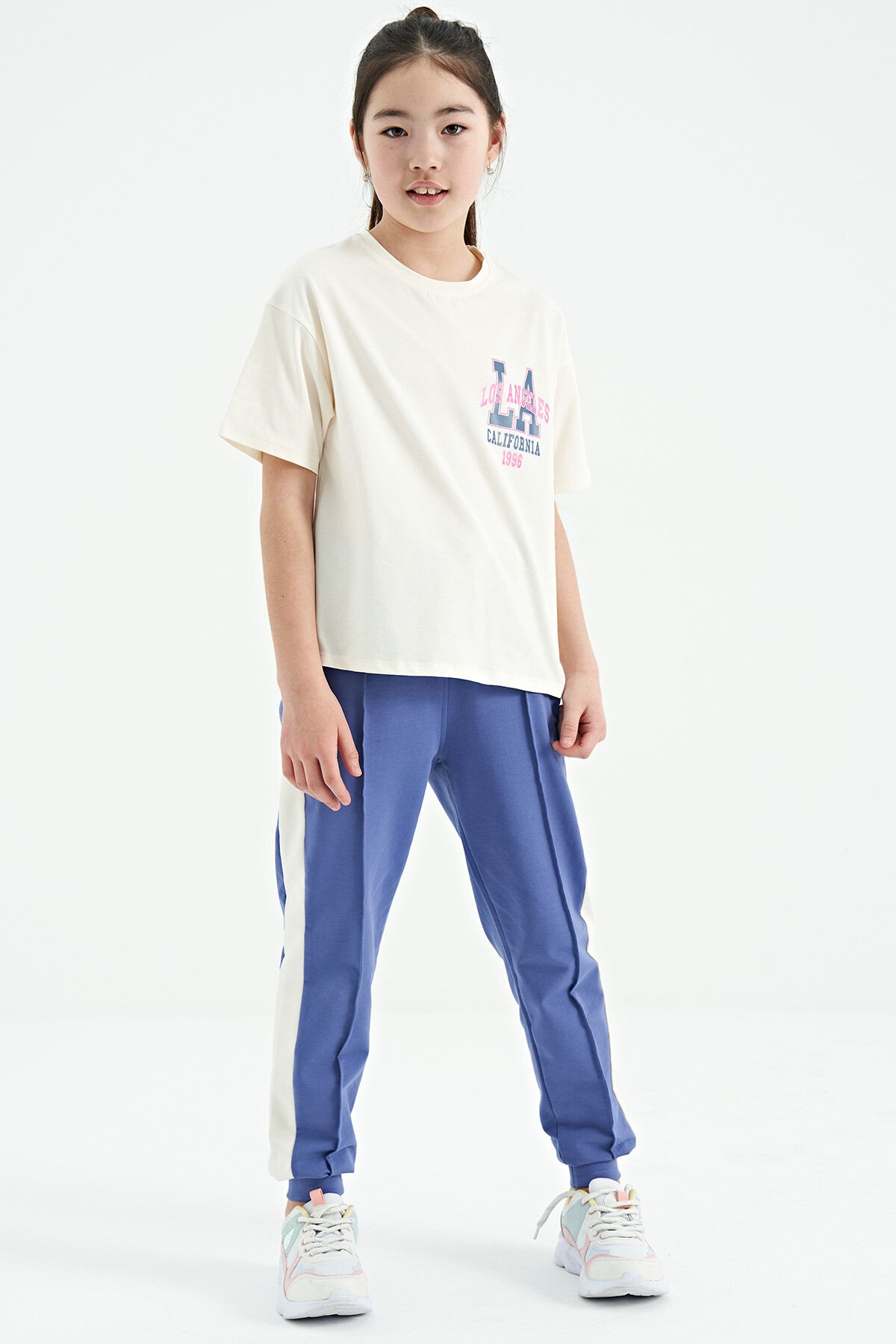 Ecru Front Back Print O Collar Oversize Short Sleeve Girls' T-Shirt - 75127