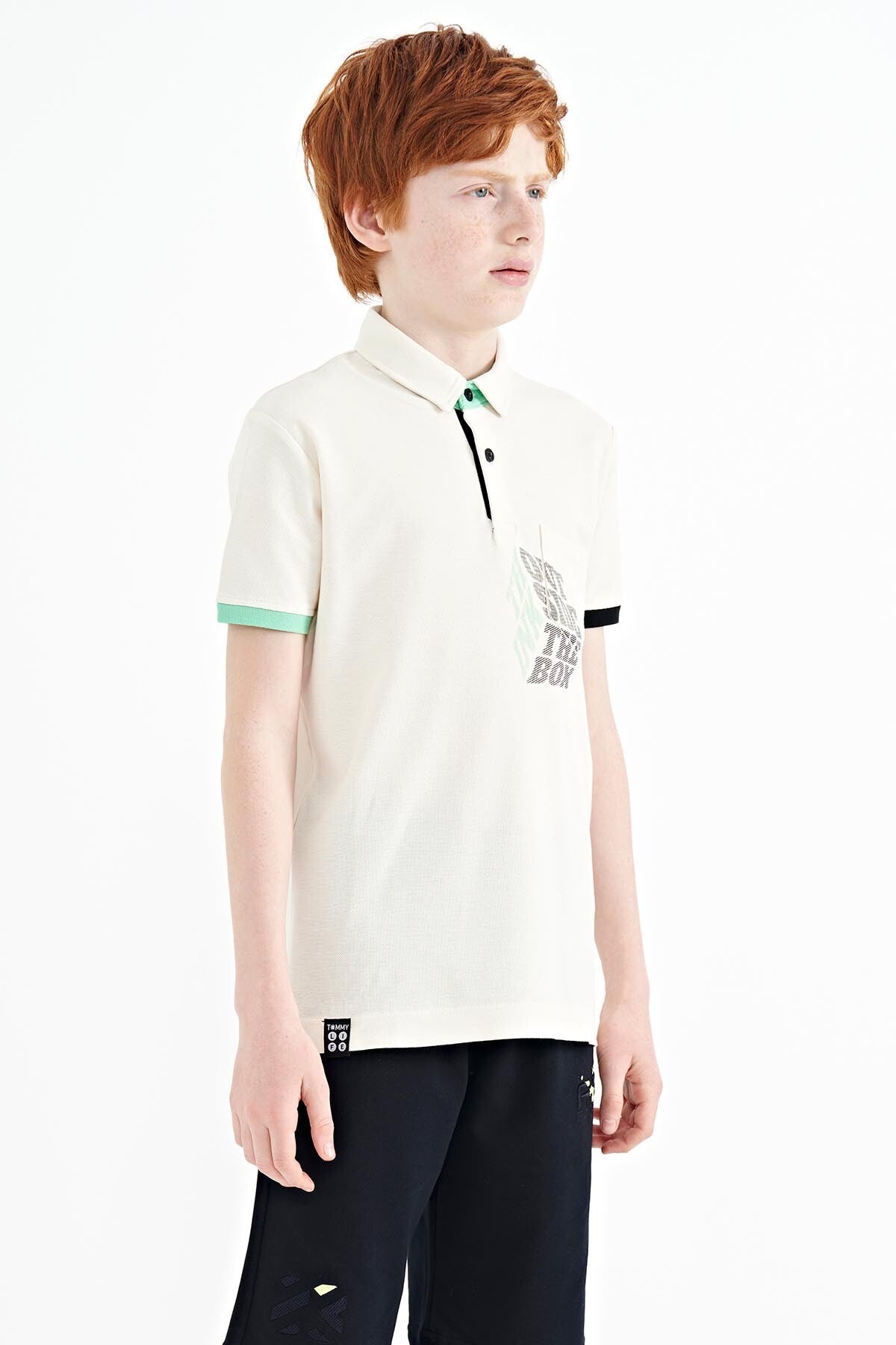 Ecru Front Detailed Printed Standard Fit Polo Collar Boys' T-Shirt - 11102