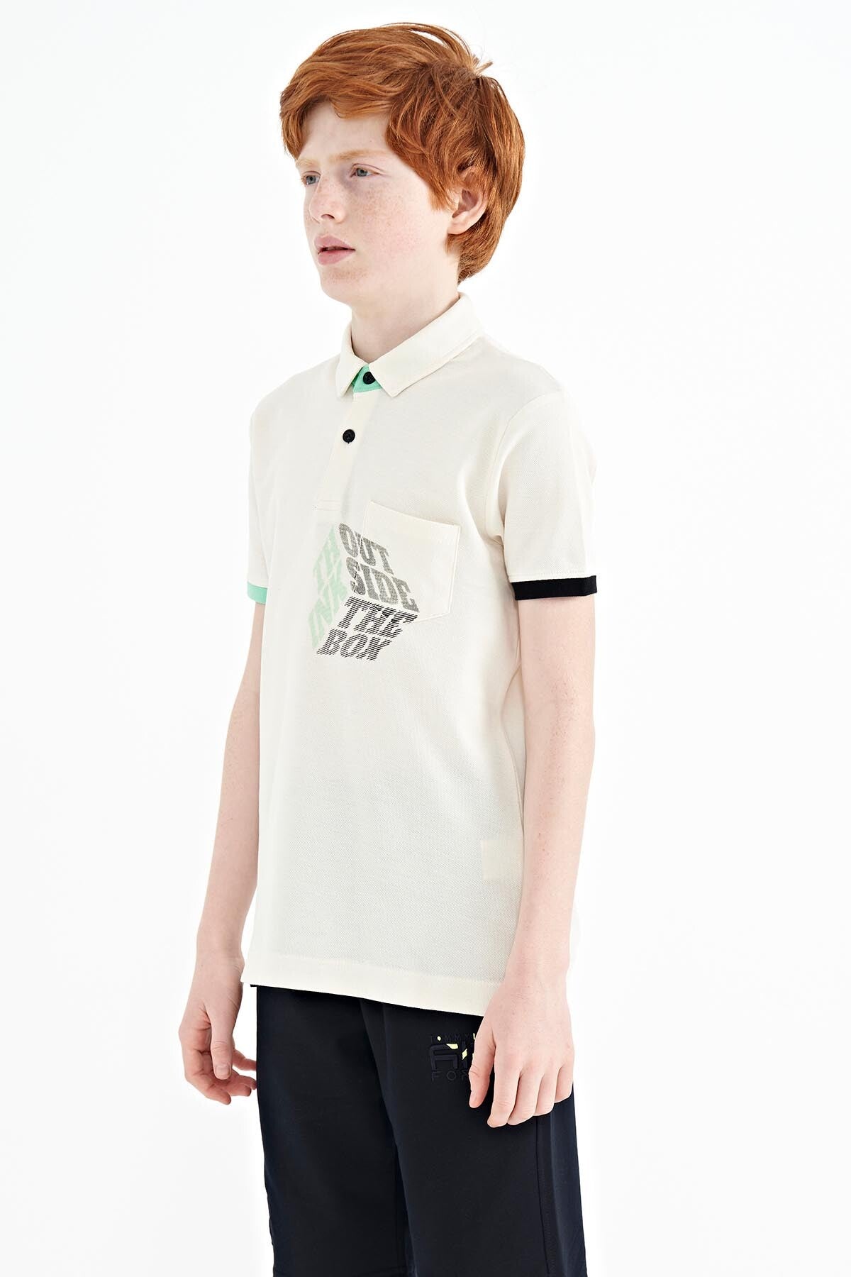 Ecru Front Detailed Printed Standard Fit Polo Collar Boys' T-Shirt - 11102