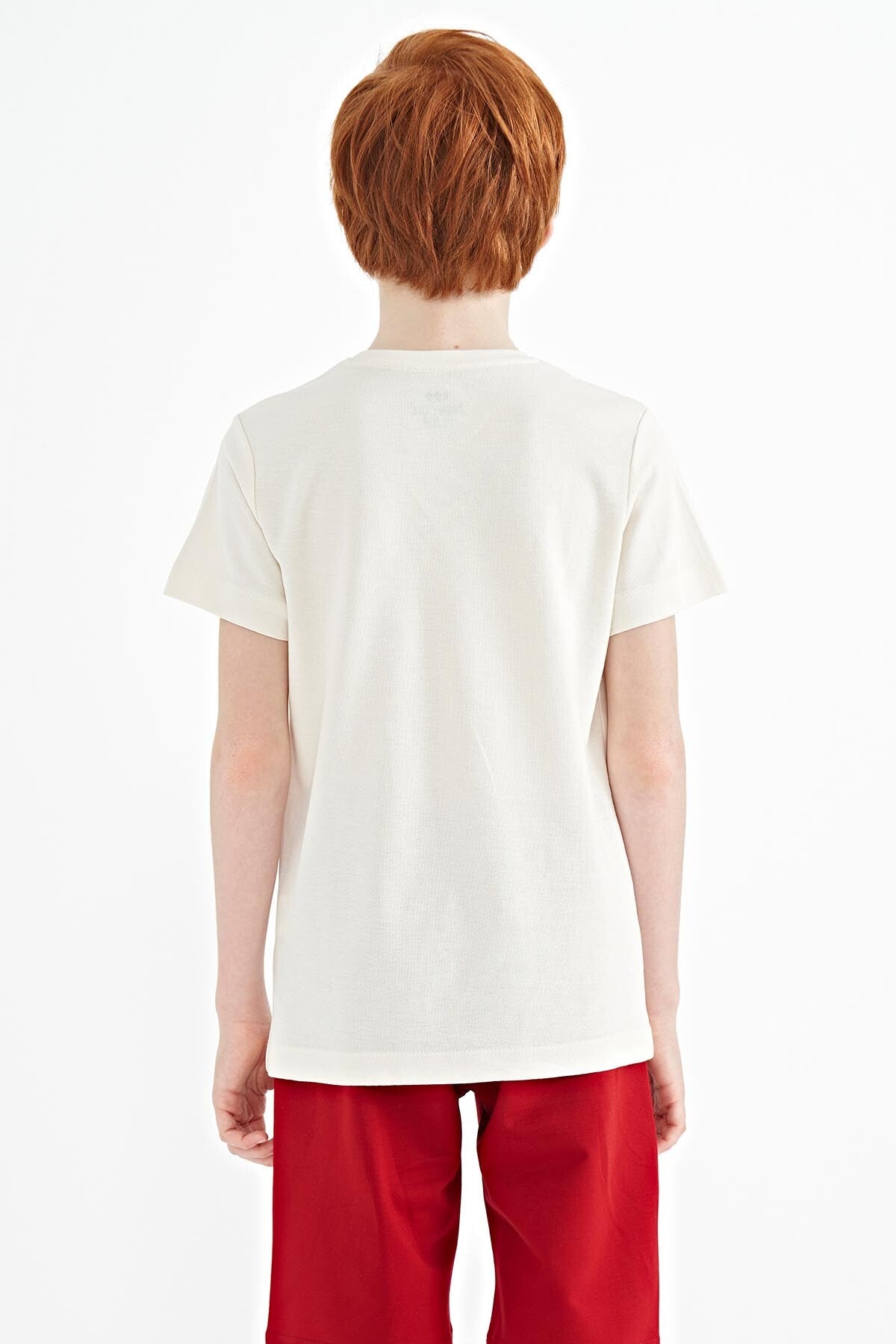 Beige Front Embroidered O Collar Standard Fit Boys' T-Shirt - 11118
