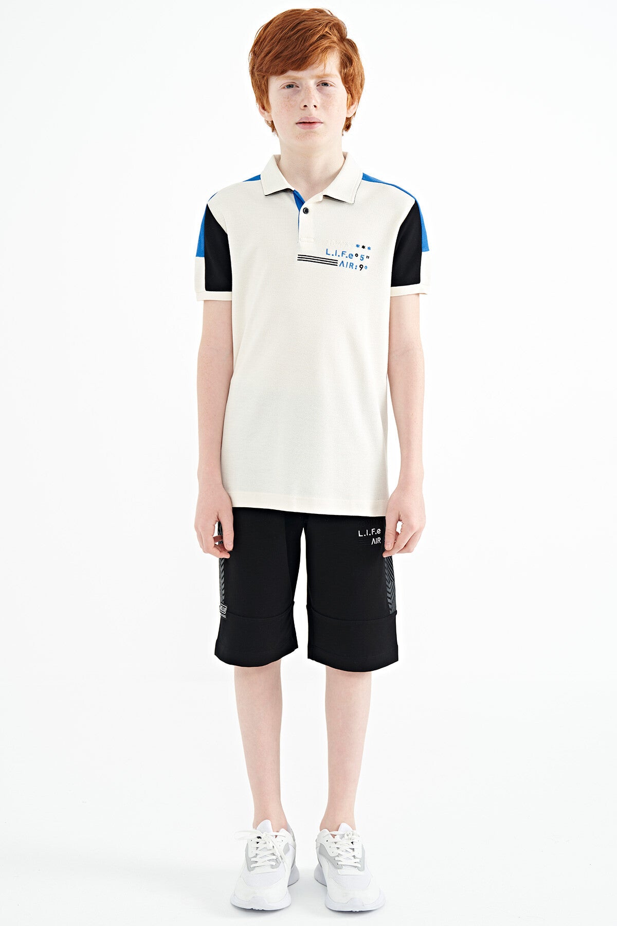 Beige Color Block Shoulder Trim Detailed Standard Fit Boys T-Shirt - 11155