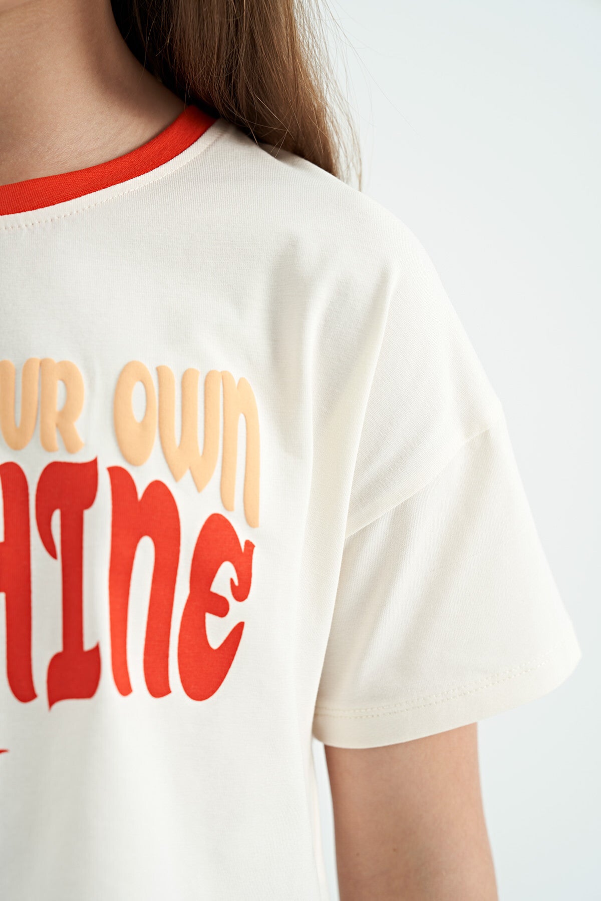 Ecru Color Printed O Collar Oversize Short Sleeve Girls' T-Shirt - 75111