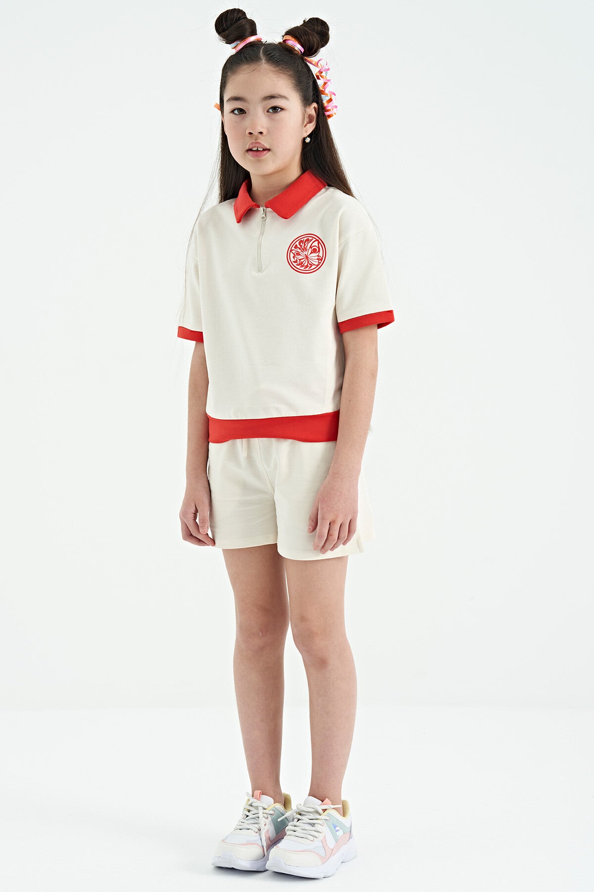 Ecru Collared Short Sleeve Comfortable Fit Girls' Shorts Set - 75131
