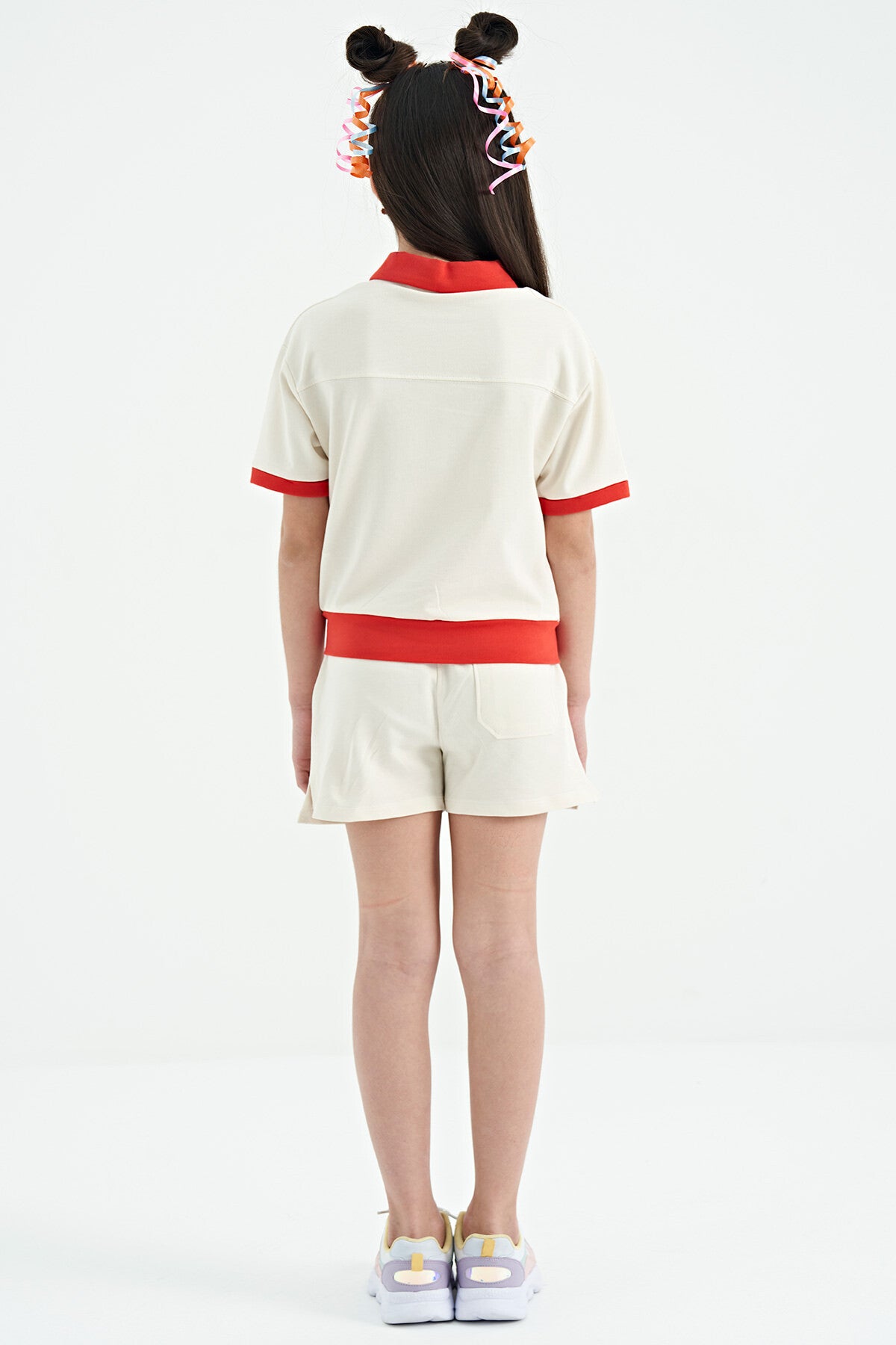 Ecru Collared Short Sleeve Comfortable Fit Girls' Shorts Set - 75131