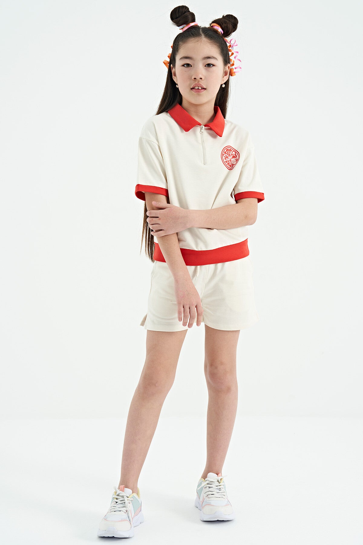 Ecru Collared Short Sleeve Comfortable Fit Girls' Shorts Set - 75131