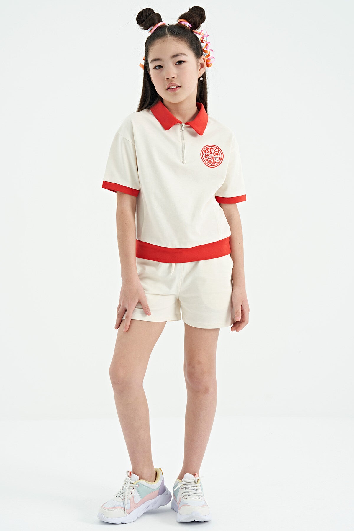 Ecru Collared Short Sleeve Comfortable Fit Girls' Shorts Set - 75131