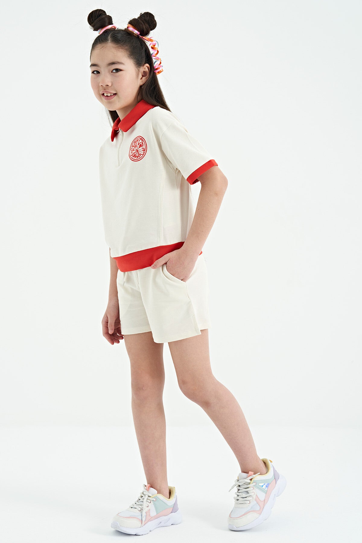 Ecru Collared Short Sleeve Comfortable Fit Girls' Shorts Set - 75131