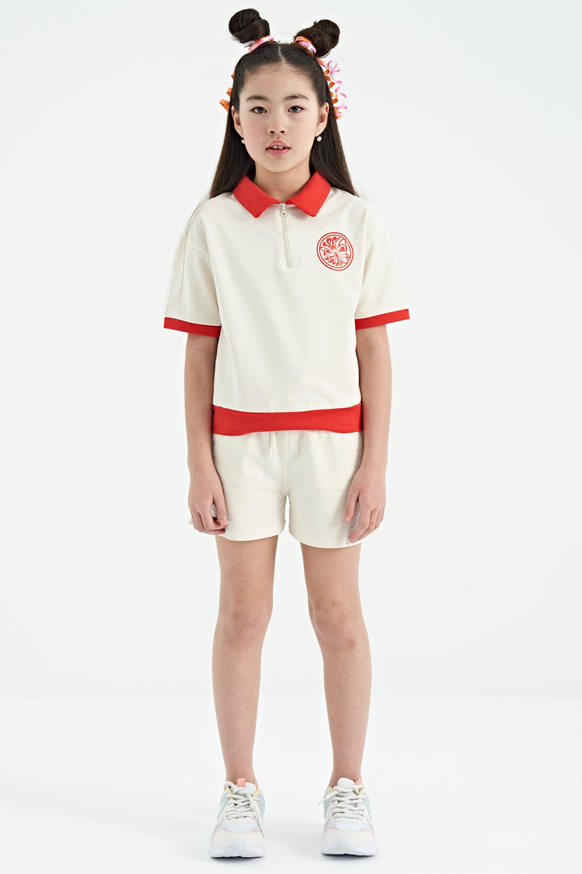 Ecru Collared Short Sleeve Comfortable Fit Girls' Shorts Set - 75131