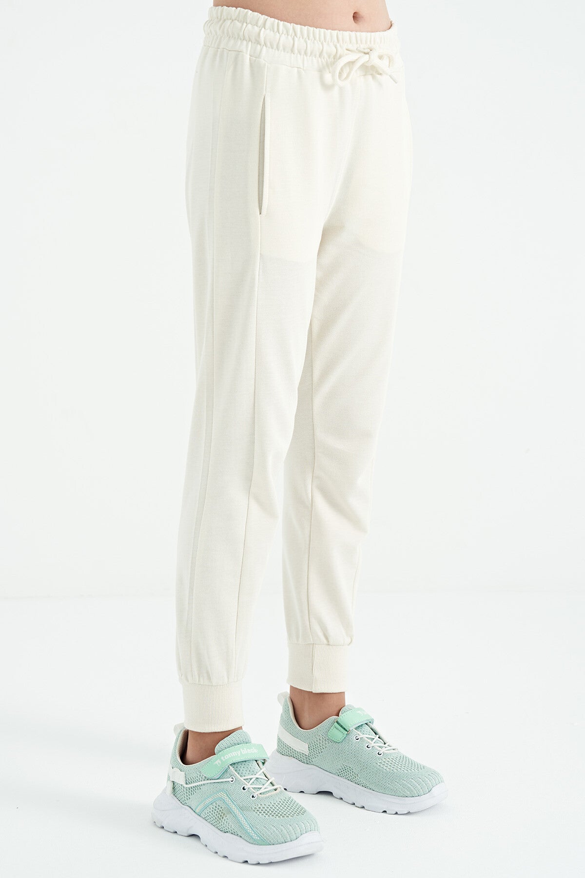 Ecru Off-White Embroidered Laced Standard Fit Jogger Girls' Tracksuit Bottom - 75123