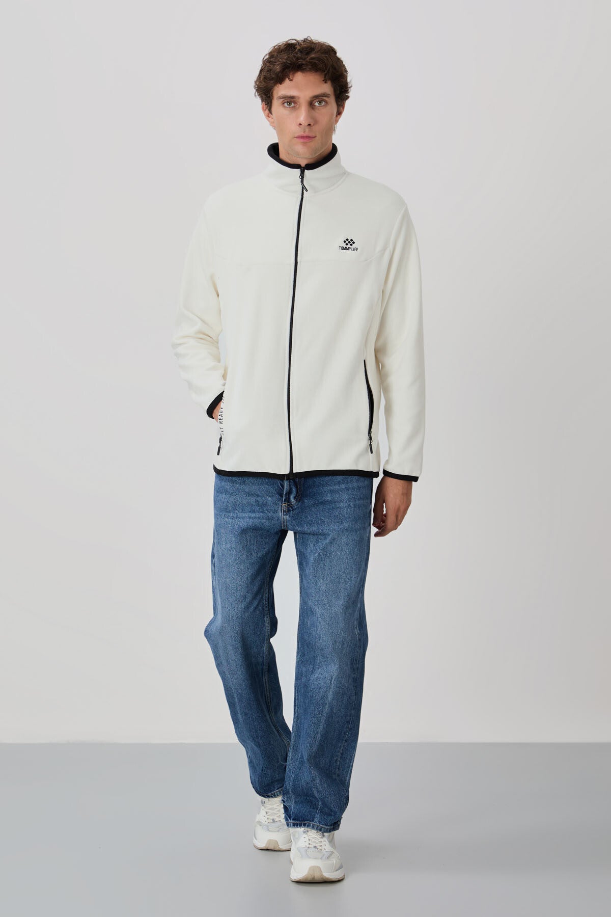 Ecru Embroidered High Collar Zippered Standard Fit Men's Sweatshirt Fleece - 87992
