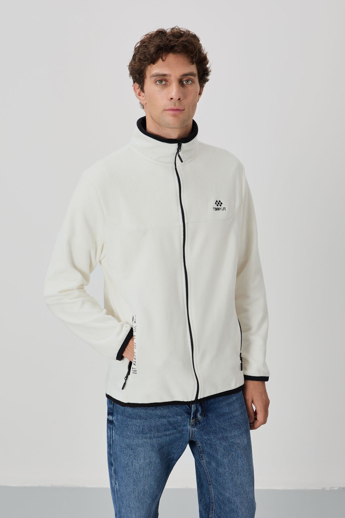 Ecru Embroidered High Collar Zippered Standard Fit Men's Sweatshirt Fleece - 87992