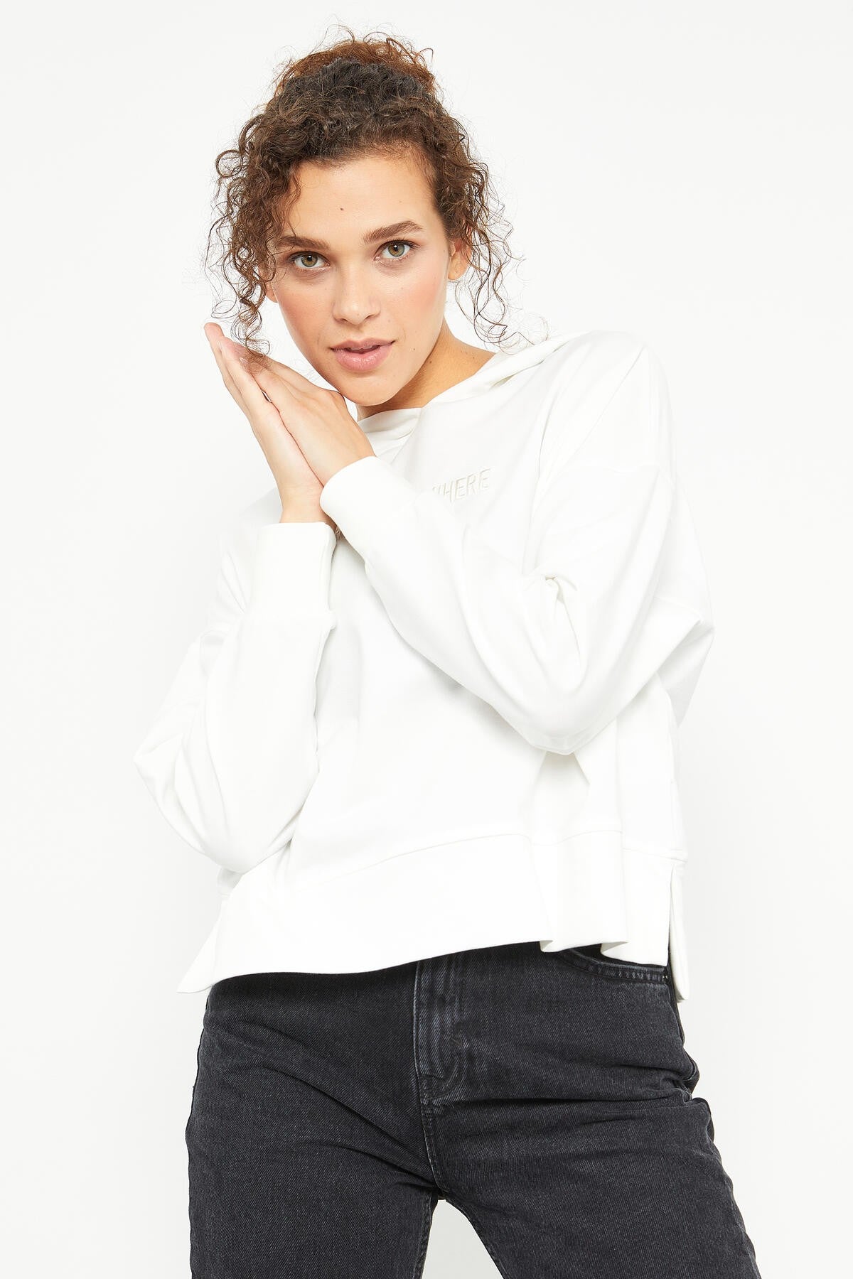Embroidered Hooded Basic Women's Oversize Sweatshirt - 97164