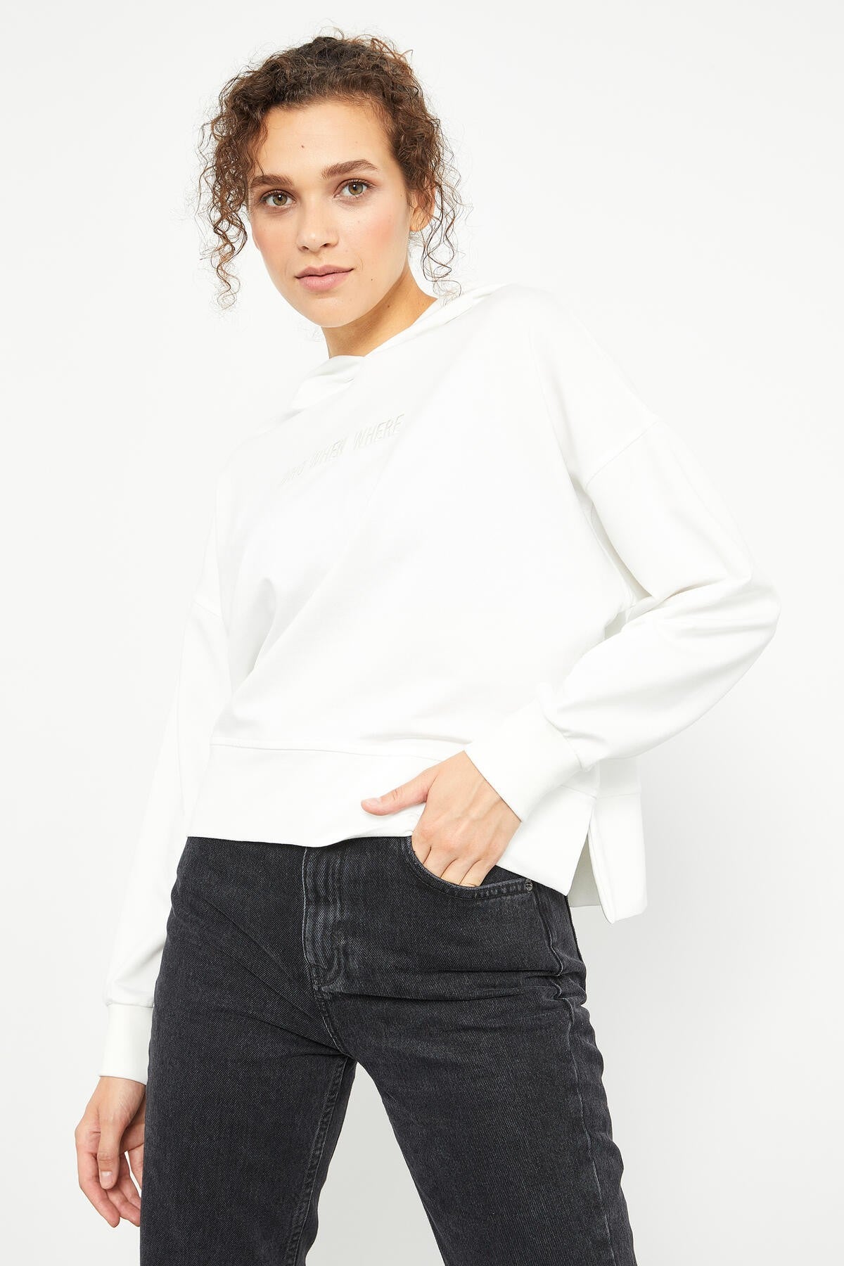 Embroidered Hooded Basic Women's Oversize Sweatshirt - 97164