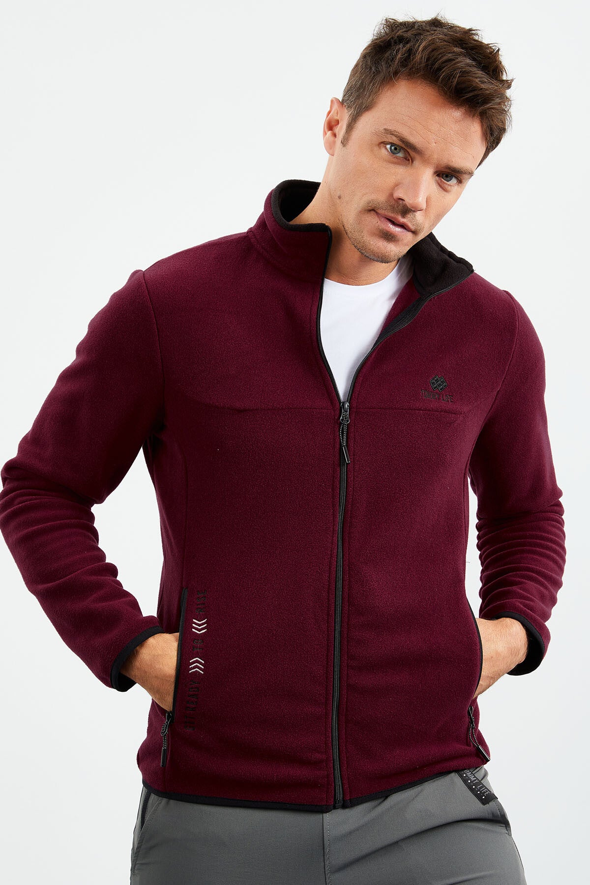 Purple Embroidered High Neck Zippered Standard Fit Men's Sweatshirt Fleece - 87992