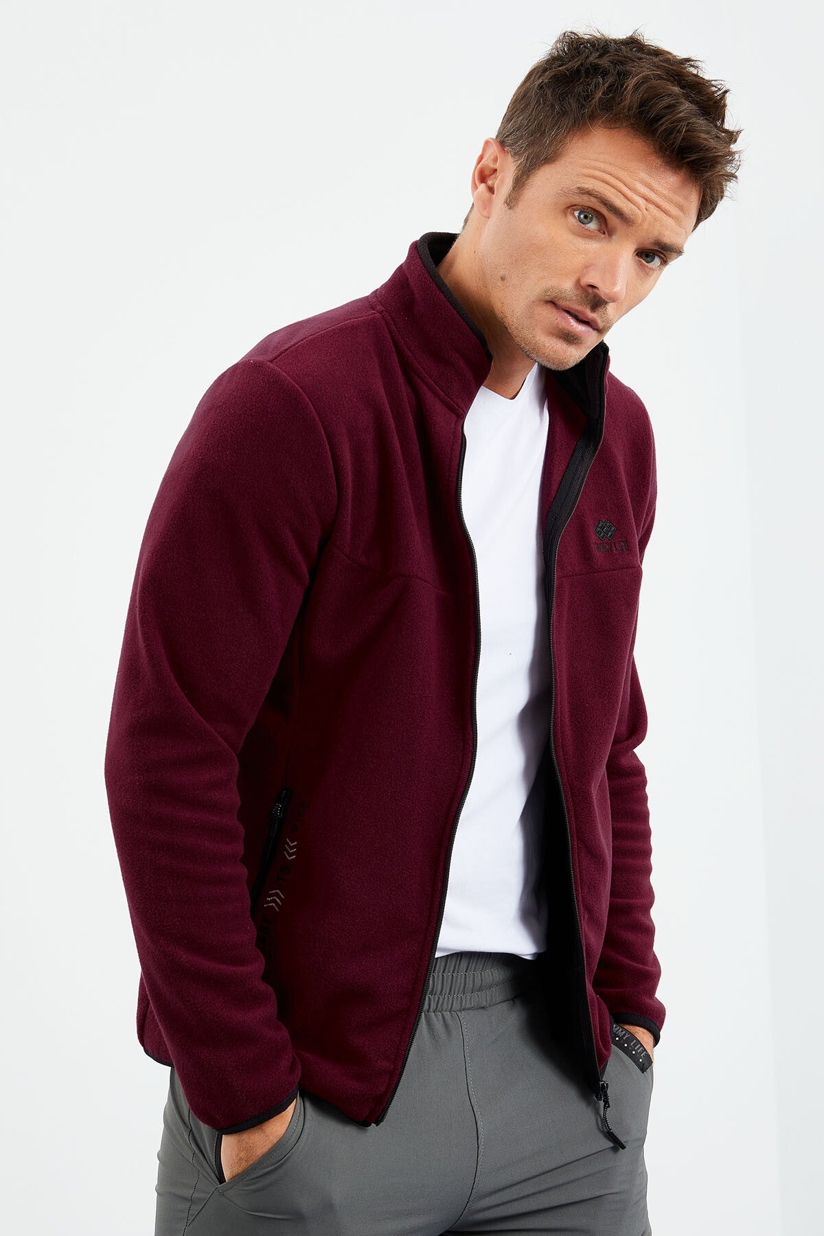 Purple Embroidered High Neck Zippered Standard Fit Men's Sweatshirt Fleece - 87992