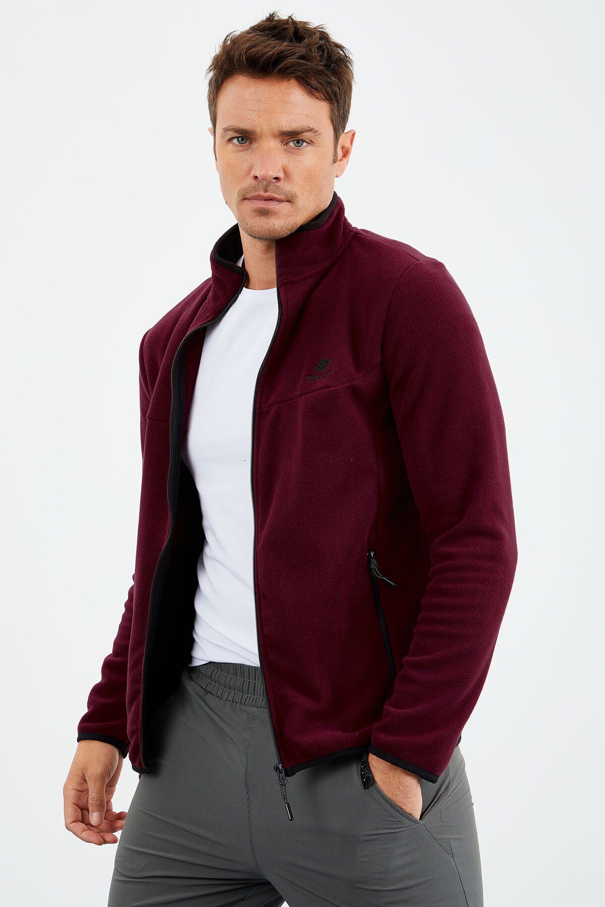 Purple Embroidered High Neck Zippered Standard Fit Men's Sweatshirt Fleece - 87992