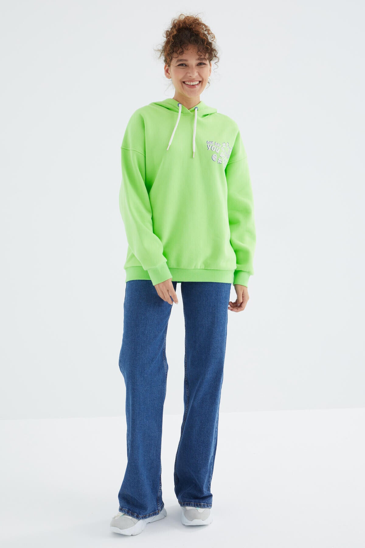 Peanut Green Hooded Back Print Detailed Oversize Women's Sweatshirt - 97249