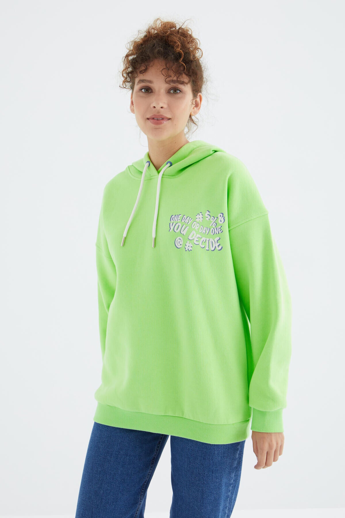 Peanut Green Hooded Back Print Detailed Oversize Women's Sweatshirt - 97249