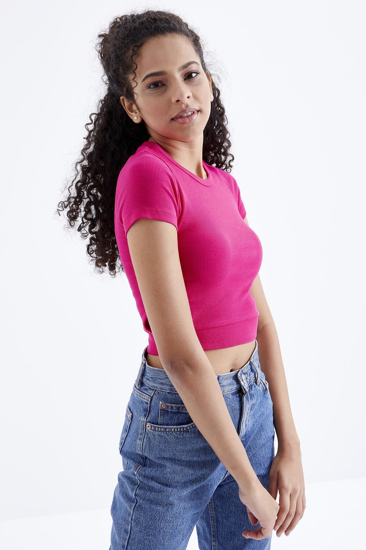 Fuchsia Basic Side Window O Collar Women's Crop Top T-Shirt - 97207