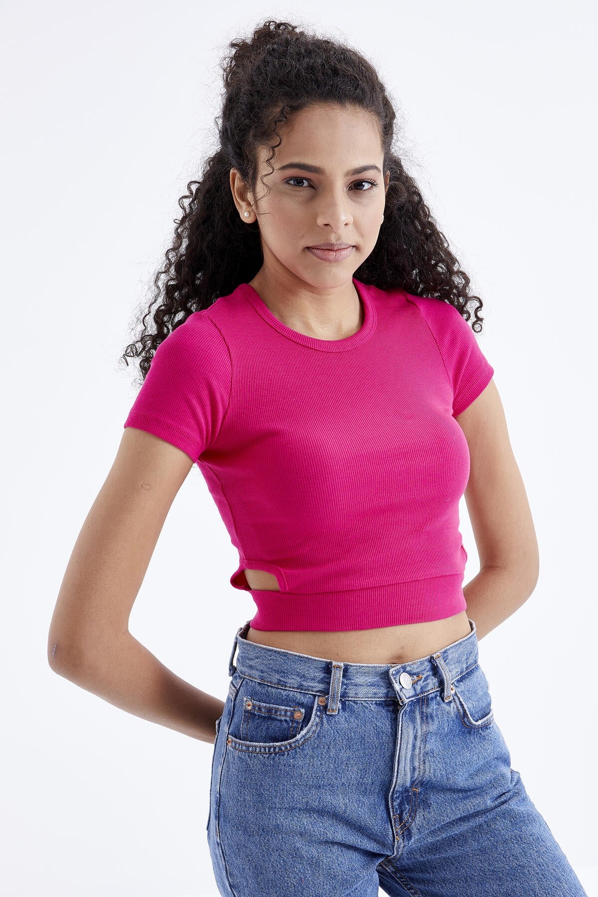 Fuchsia Basic Side Window O Collar Women's Crop Top T-Shirt - 97207