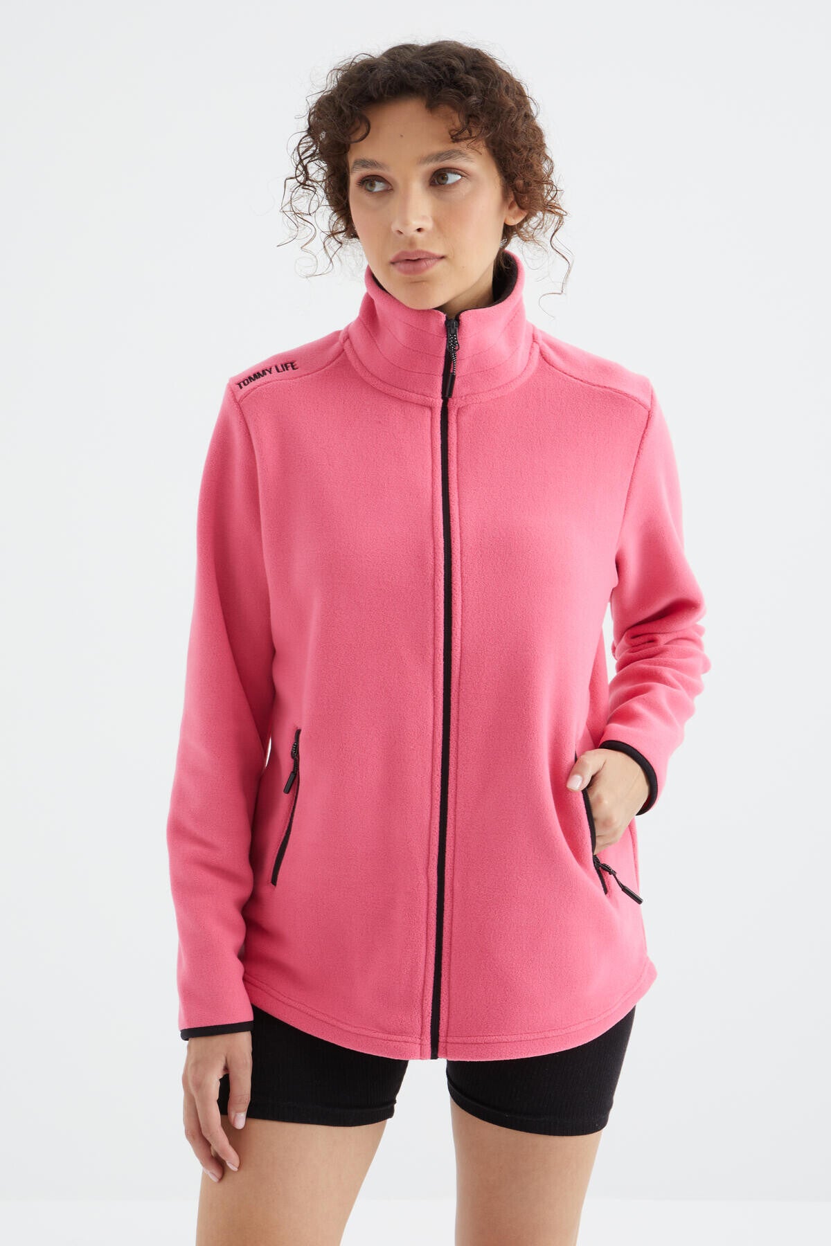 Fuchsia Stand Collar Zippered Comfort Fit Women's Fleece Sweatshirt - 97173