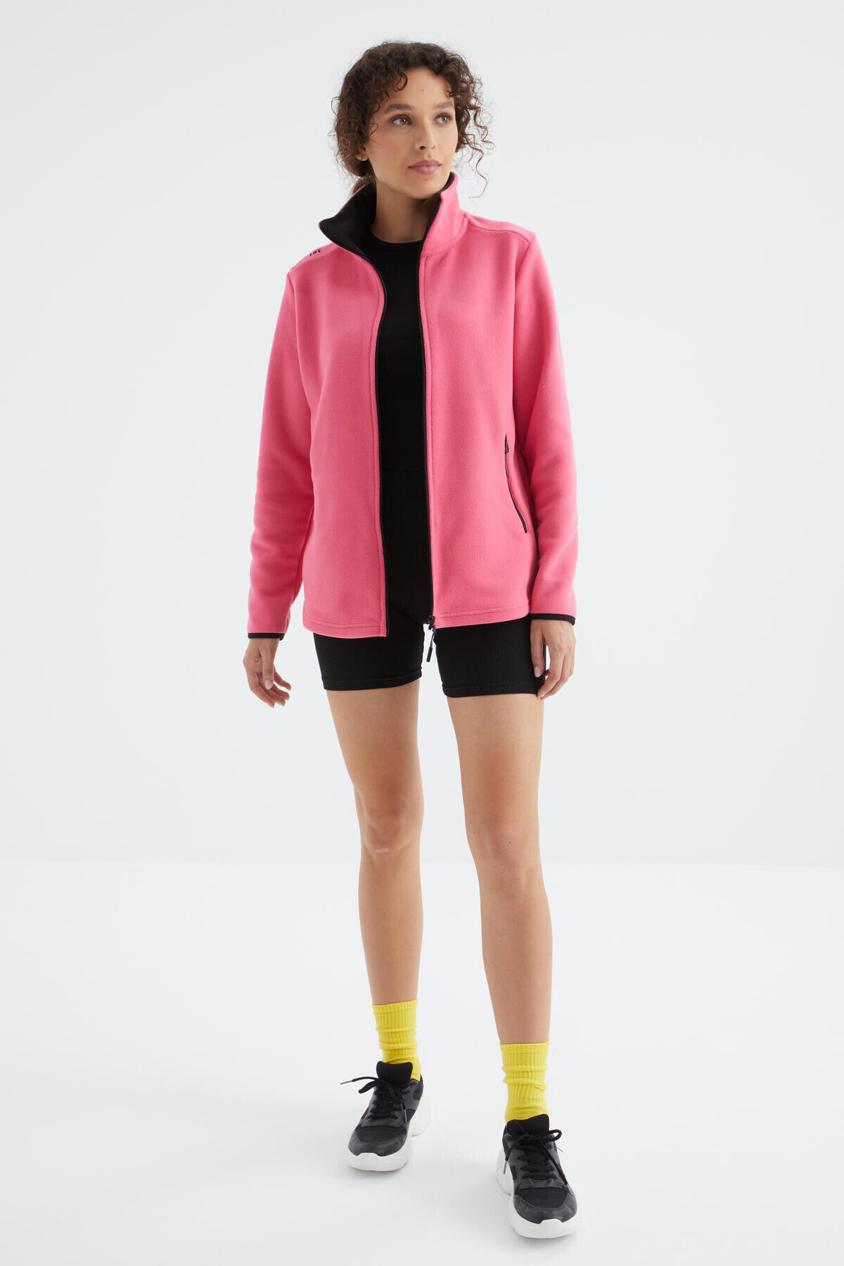 Fuchsia Stand Collar Zippered Comfort Fit Women's Fleece Sweatshirt - 97173