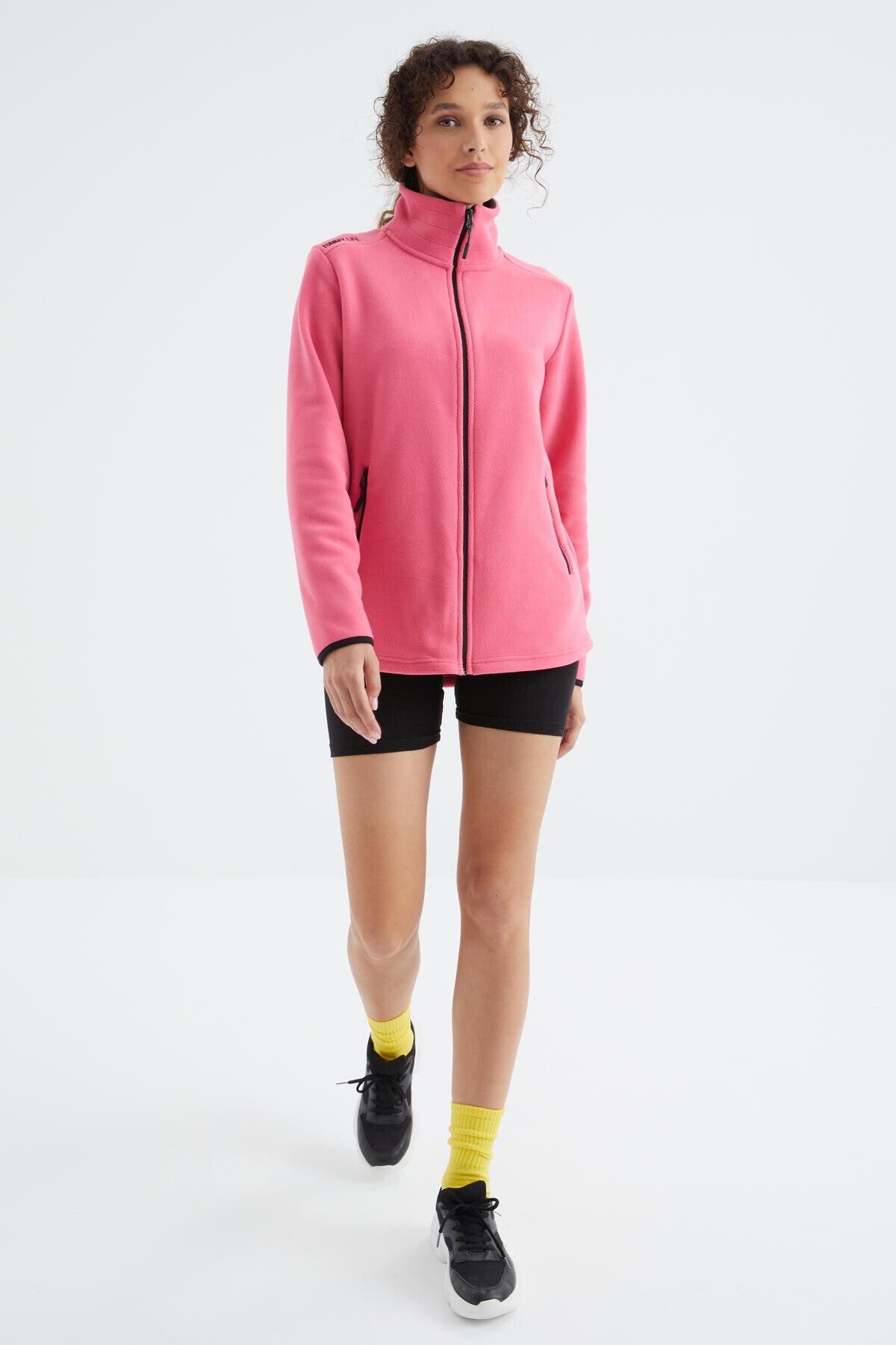 Fuchsia Stand Collar Zippered Comfort Fit Women's Fleece Sweatshirt - 97173