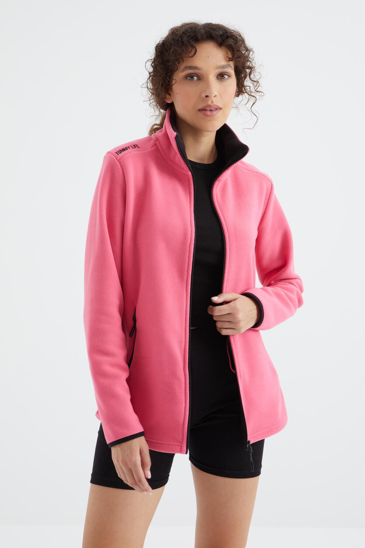 Fuchsia Stand Collar Zippered Comfort Fit Women's Fleece Sweatshirt - 97173