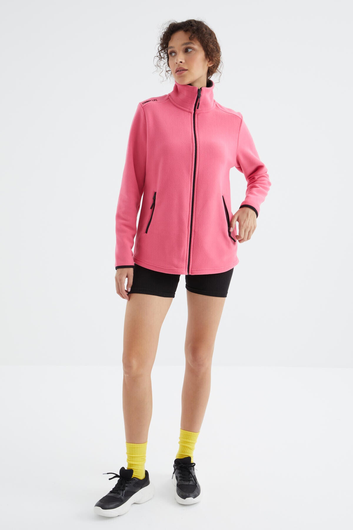 Fuchsia Stand Collar Zippered Comfort Fit Women's Fleece Sweatshirt - 97173