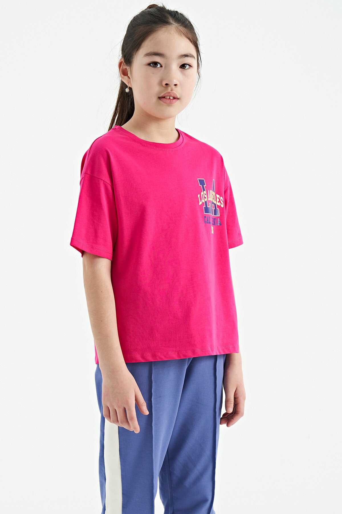 Fuchsia Front Back Printed O Collar Oversize Short Sleeve Girls' T-Shirt - 75127