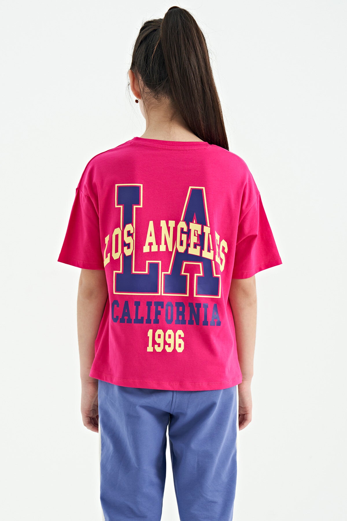 Fuchsia Front Back Printed O Collar Oversize Short Sleeve Girls' T-Shirt - 75127