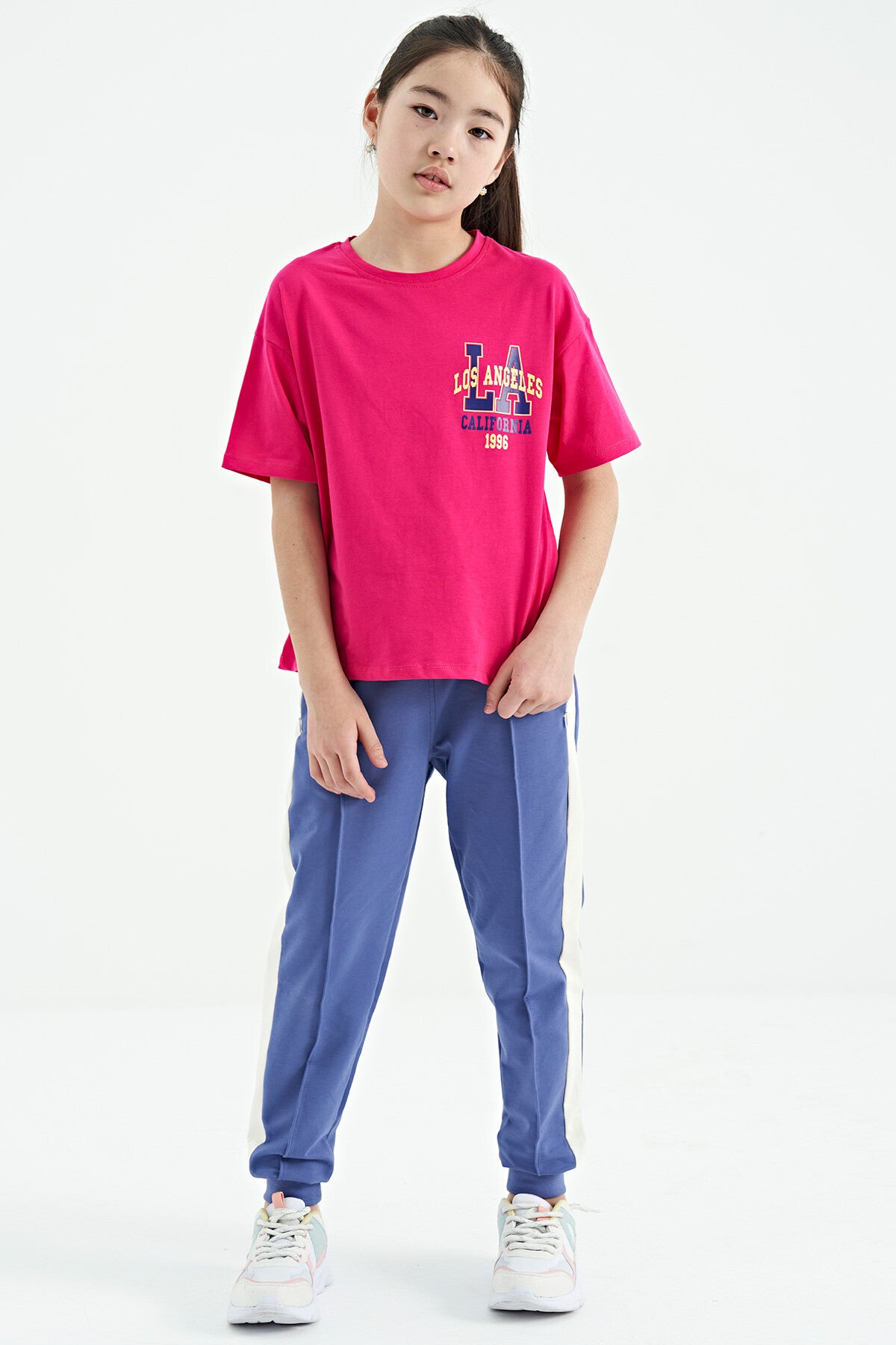 Fuchsia Front Back Printed O Collar Oversize Short Sleeve Girls' T-Shirt - 75127