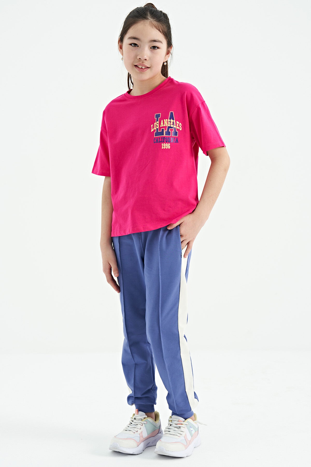 Fuchsia Front Back Printed O Collar Oversize Short Sleeve Girls' T-Shirt - 75127