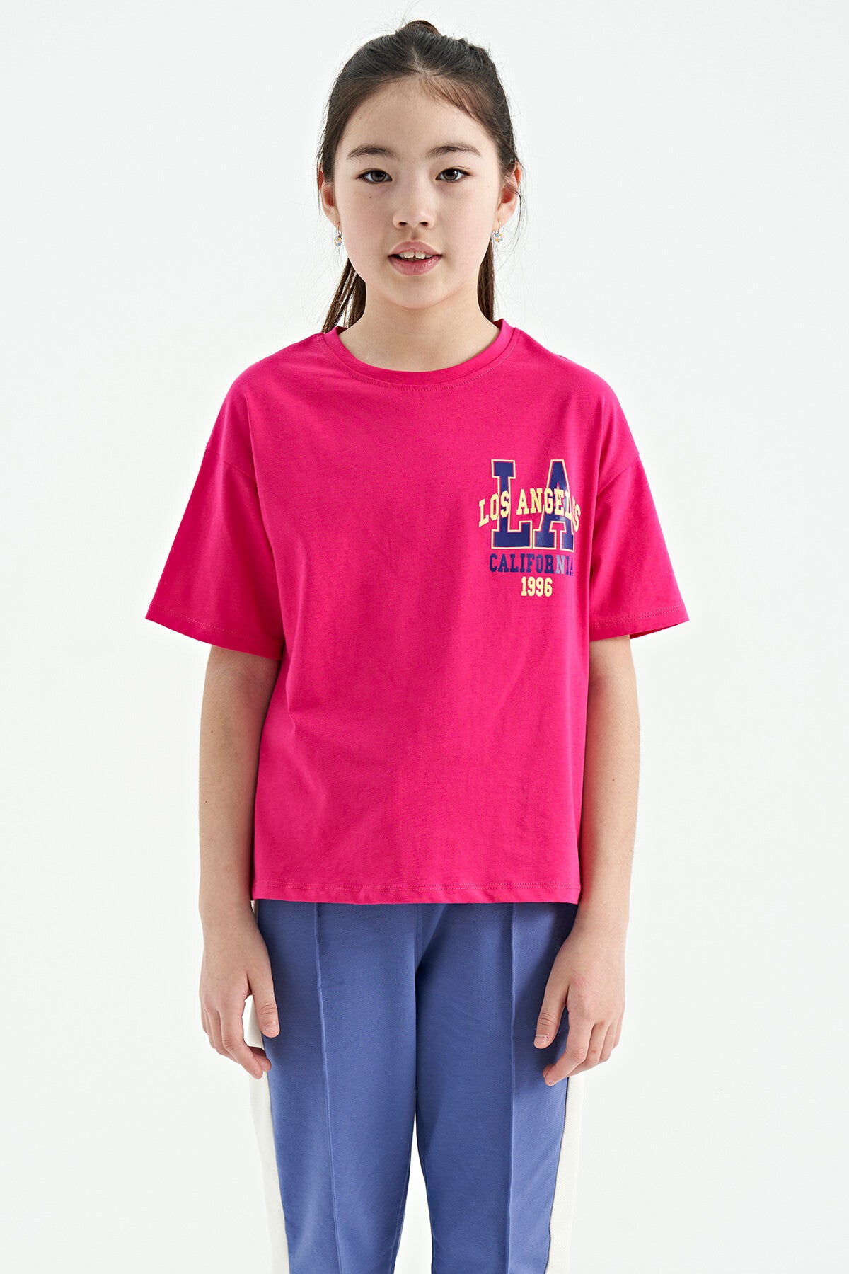 Fuchsia Front Back Printed O Collar Oversize Short Sleeve Girls' T-Shirt - 75127
