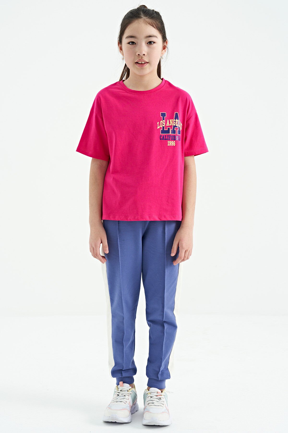 Fuchsia Front Back Printed O Collar Oversize Short Sleeve Girls' T-Shirt - 75127