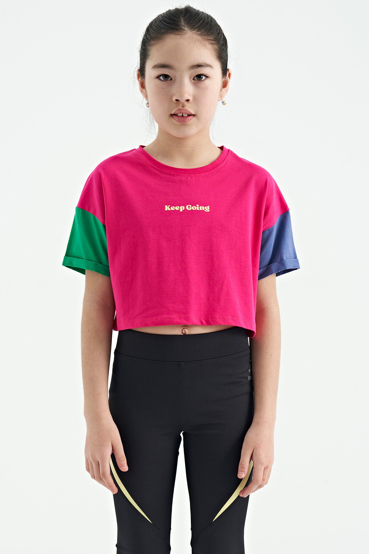 Fuchsia Print O Collar Low Shoulder Oversize Girls' T-Shirt - 75130