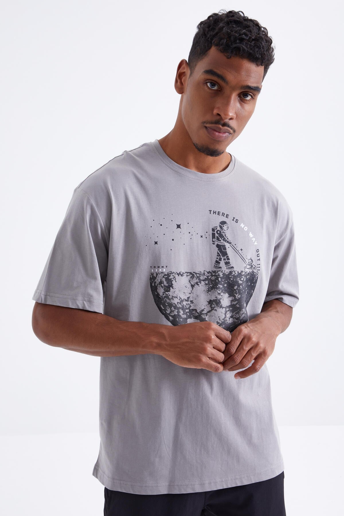 Gray Printed O Collar Men's Oversize T-Shirt - 88098