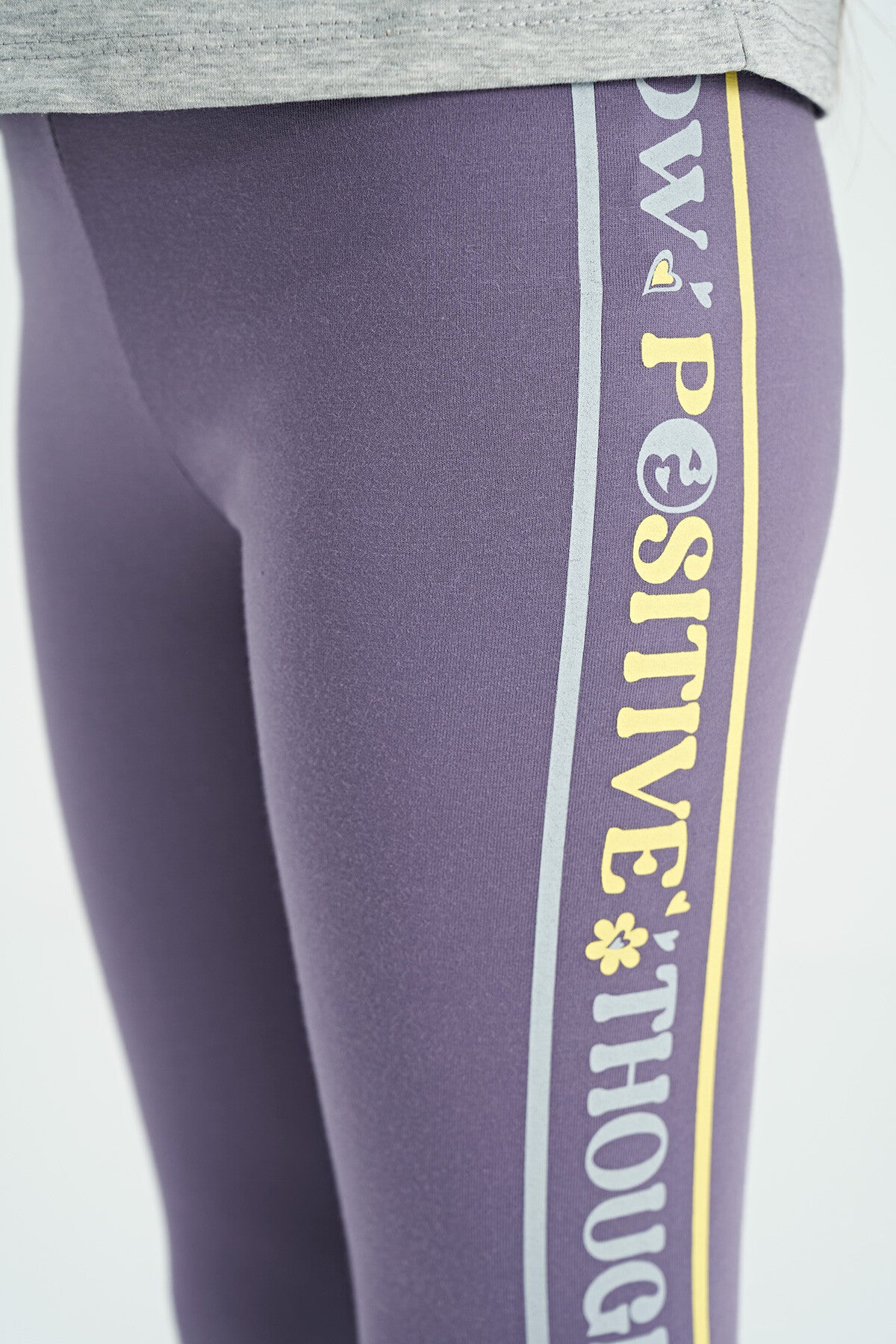 Grey - Light Lavender Print Detailed O Collar Girl's Tights Set - 75134