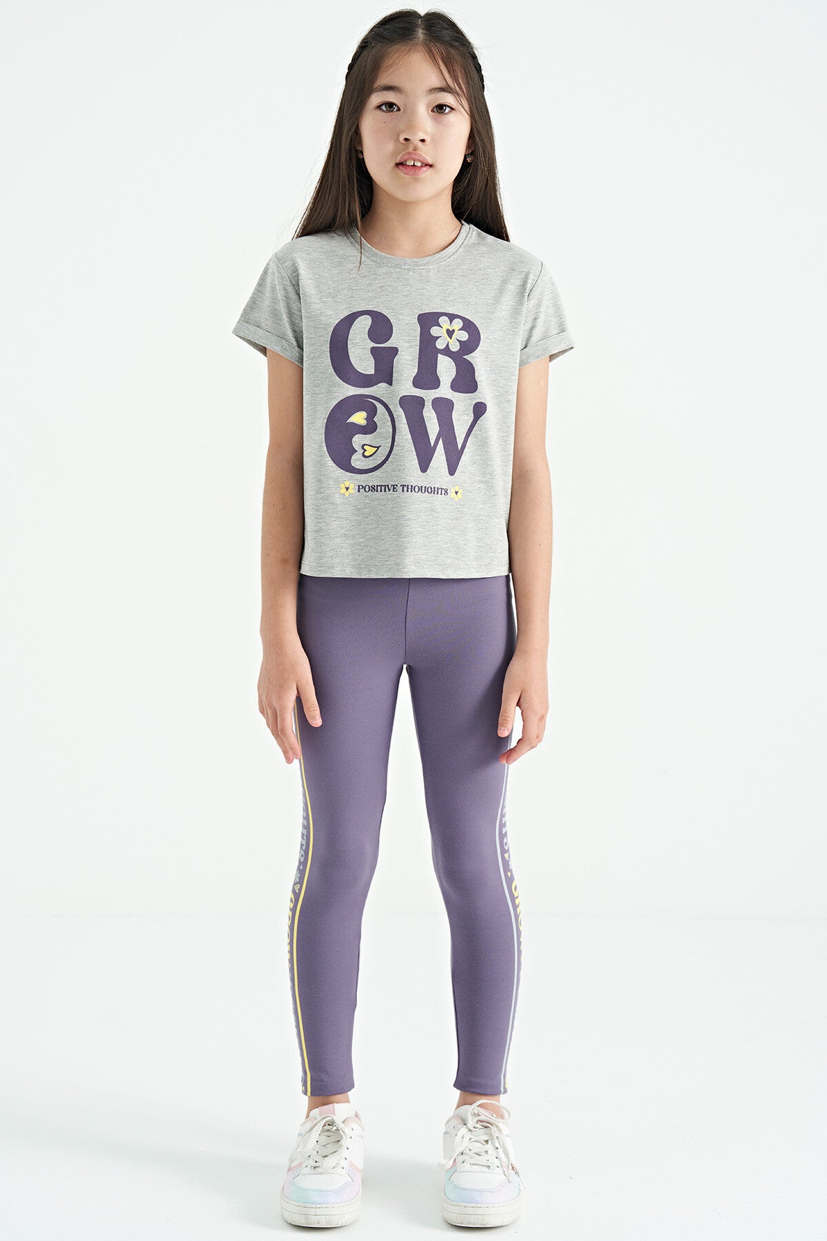 Grey - Light Lavender Print Detailed O Collar Girl's Tights Set - 75134