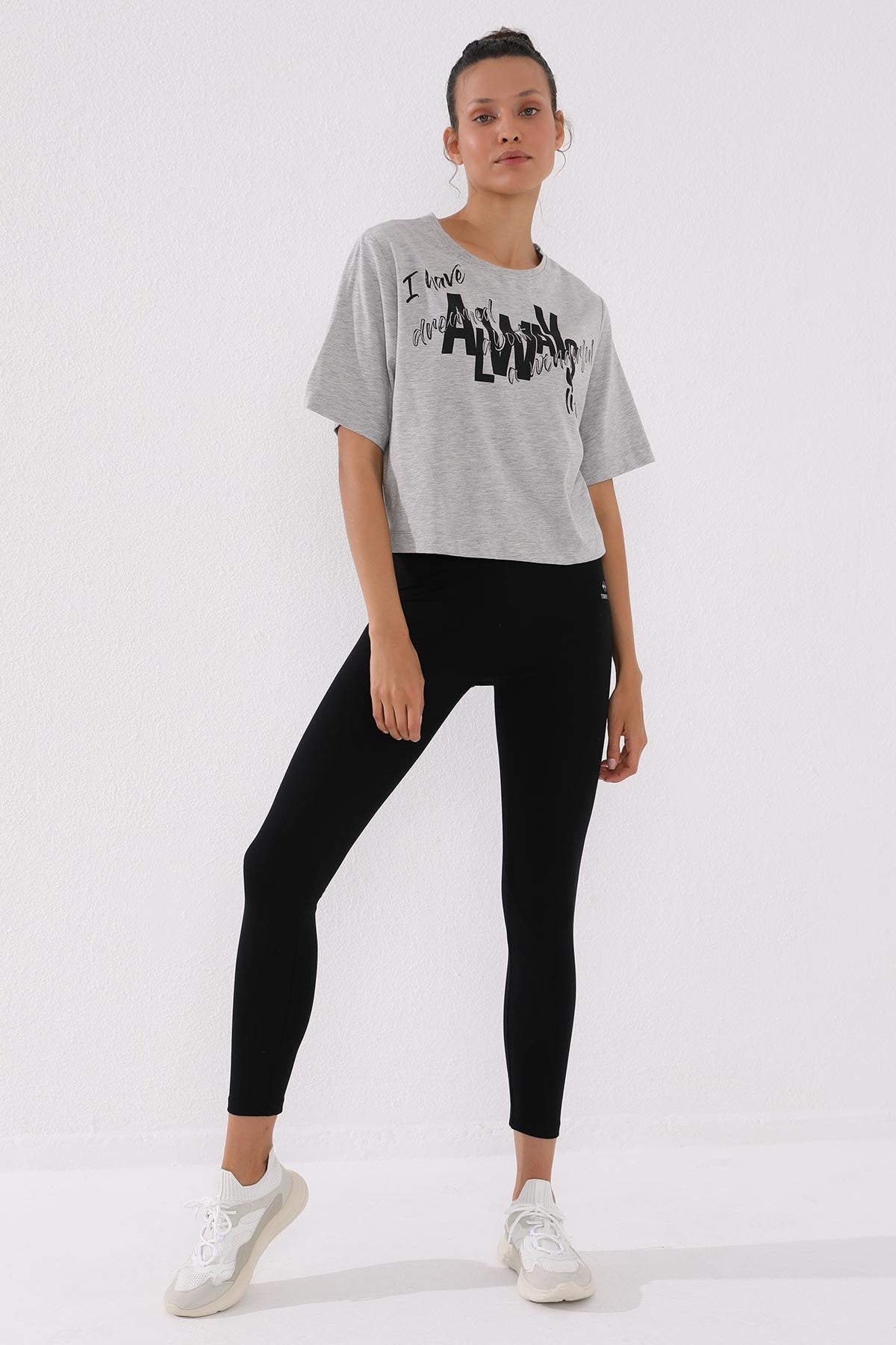 Gray Melange Asymmetric Print O Collar Women's Oversize T-Shirt - 97136